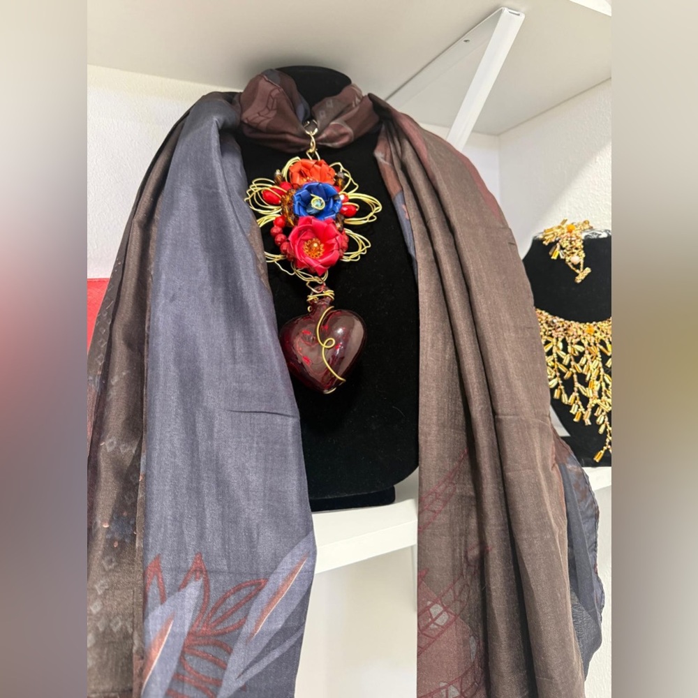 Elegant Brown and Gray Scarf with Heart Pendant